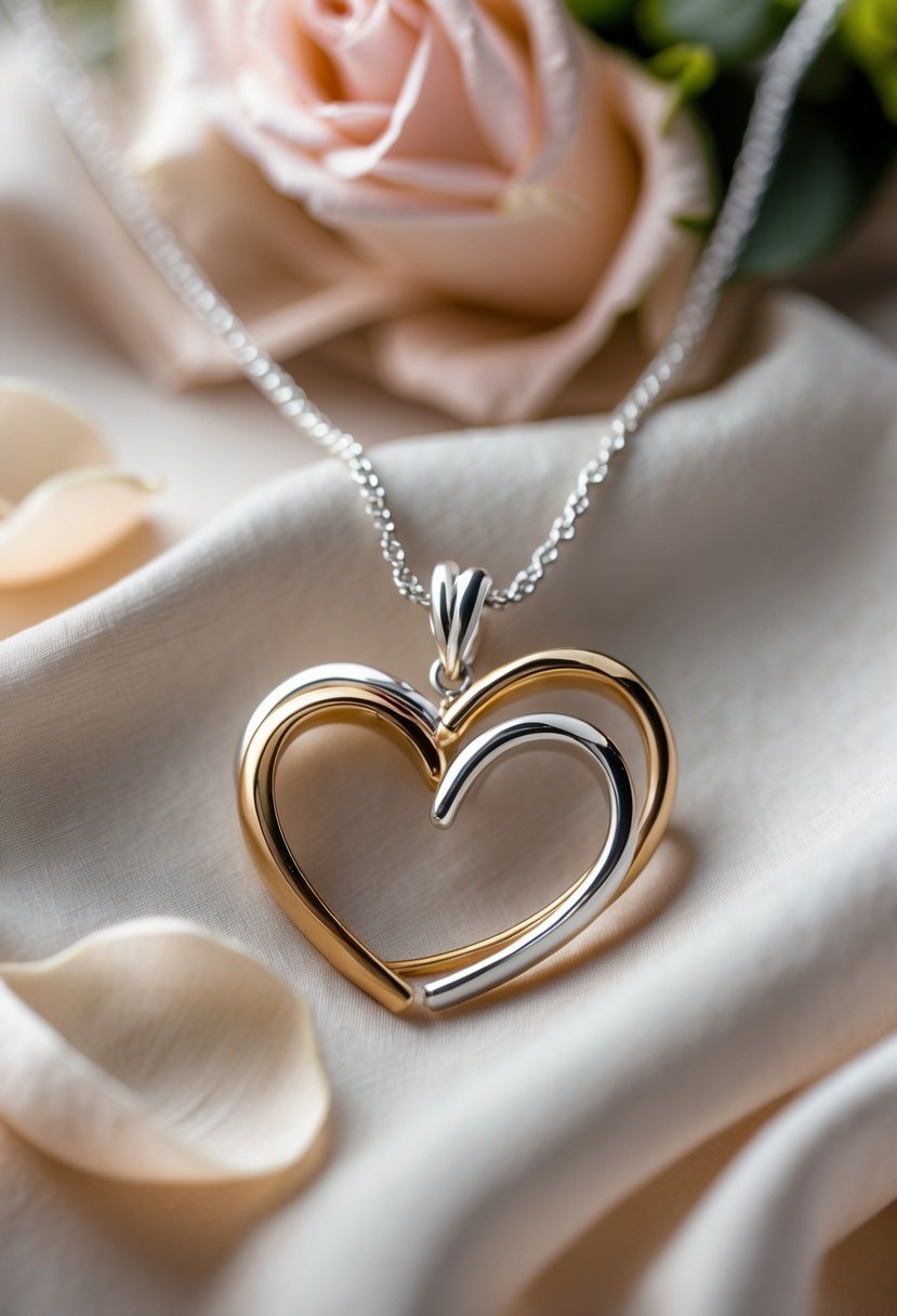 Close-up of a heart-shaped pendant necklace made from old wedding rings resting on soft fabric with rose petals around it.