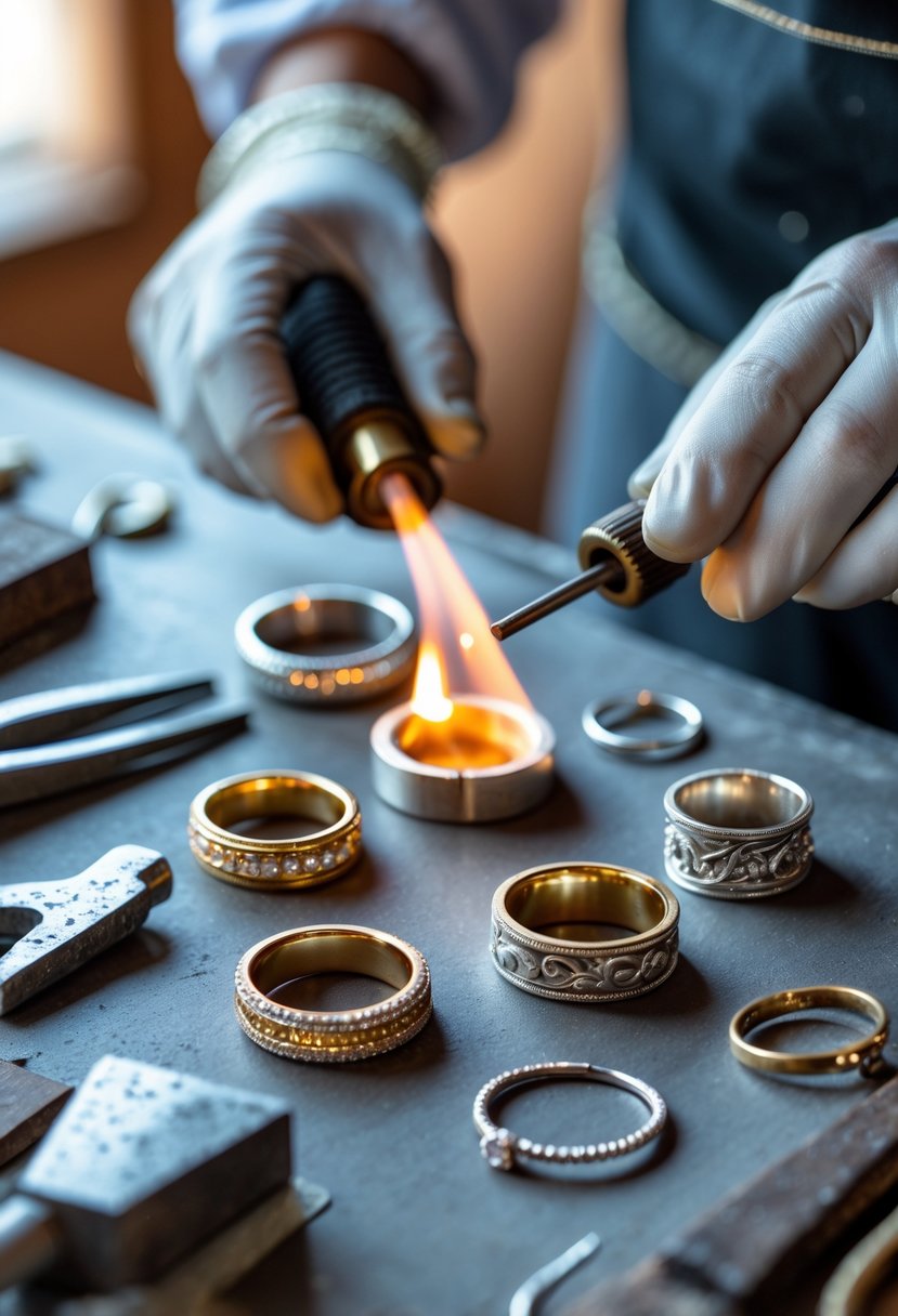 Hands melting and reshaping old wedding rings into a new ring with jeweler's tools on a workbench.