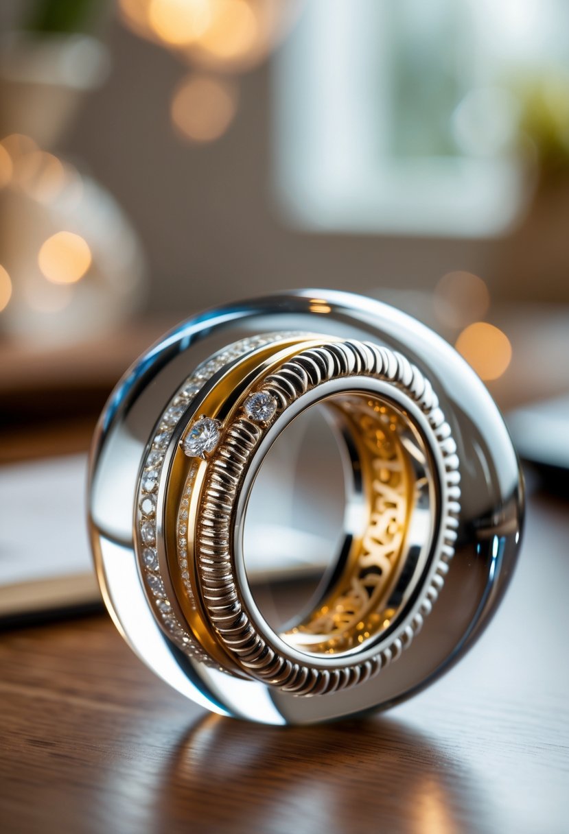A decorative glass paperweight containing gold and silver wedding ring elements placed on a wooden desk.