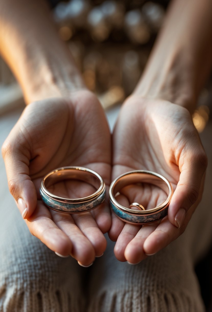 Two hands holding matching couple bracelets made from reshaped old wedding rings.