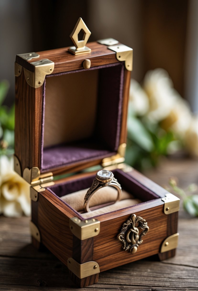 A handcrafted wooden keepsake box with metal accents holding an old wedding ring inside.