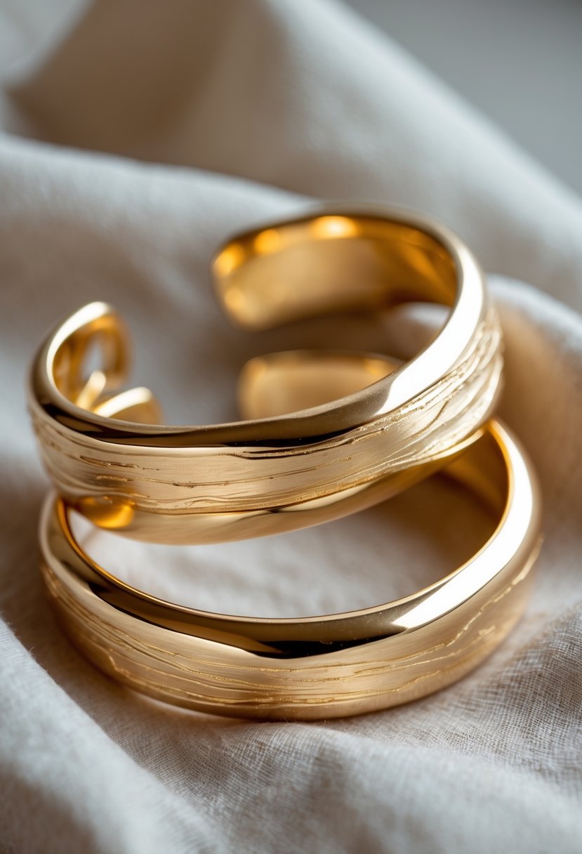 A pair of gold cuff bracelets made from melted wedding rings resting on soft fabric.