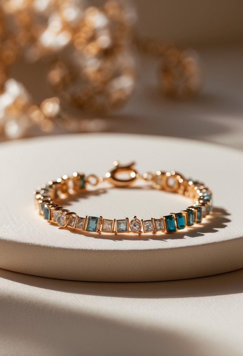 Close-up of a delicate charm bracelet made from small segments of old wedding rings lying on a smooth surface.