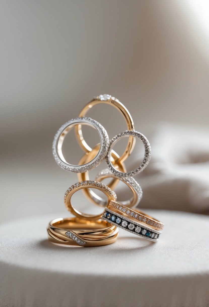 A miniature sculpture made by artistically intertwining old wedding rings on a smooth surface.