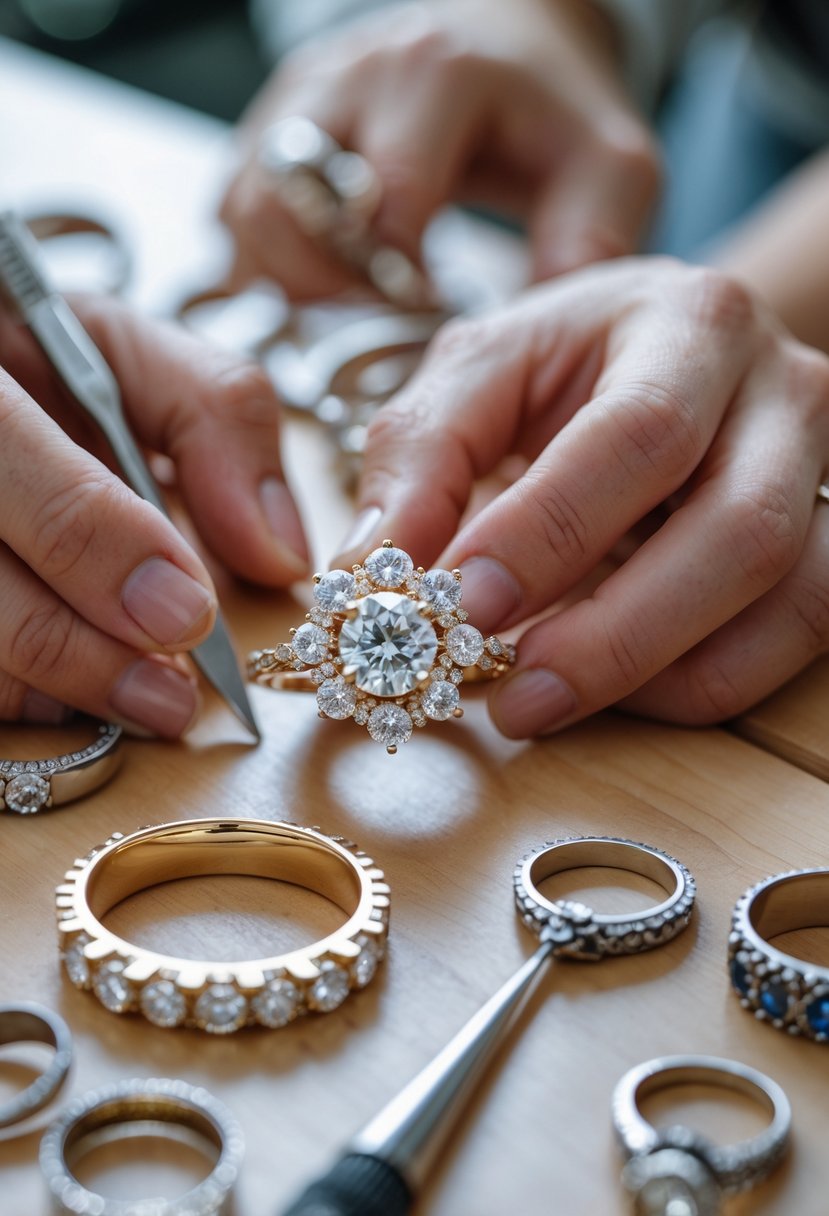 Hands resetting gemstones from old wedding rings into a new engagement ring on a jeweler's workbench with tools nearby.