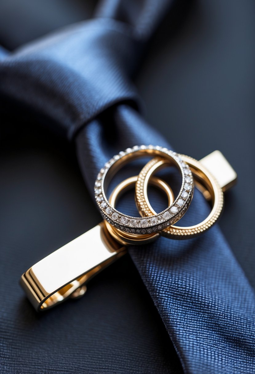 A close-up of a custom tie clip made from old wedding rings resting on a dark silk tie.