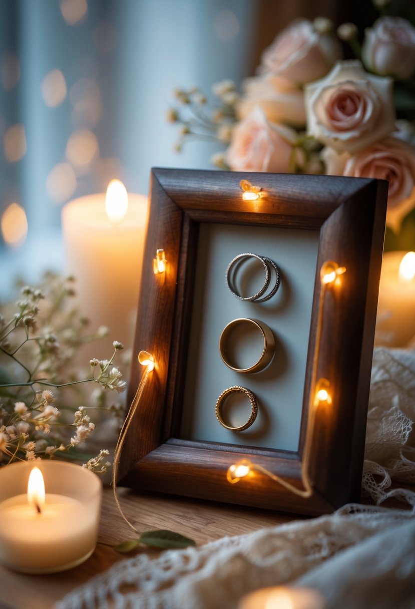 A personalized photo frame with old wedding rings incorporated, placed on a wooden surface with soft candlelight and flowers nearby.