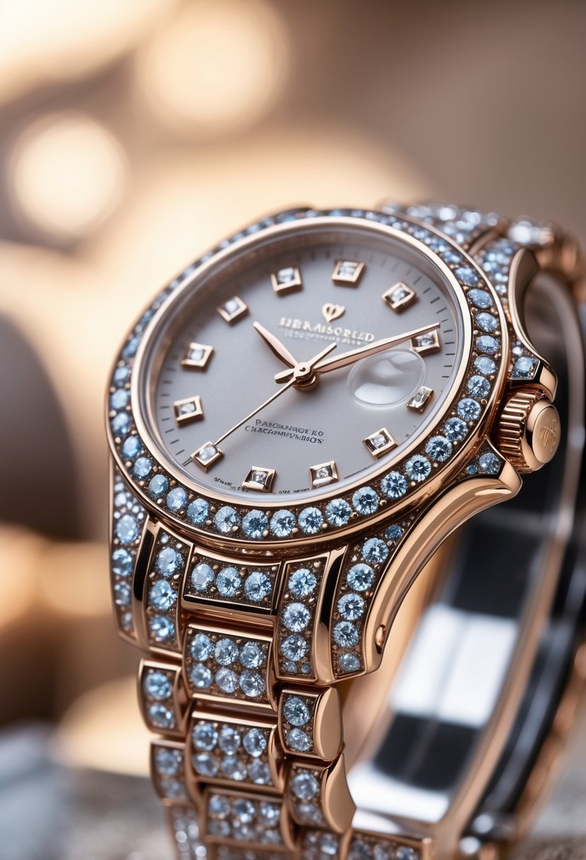 Close-up of a wristwatch with a metal band decorated with sparkling diamonds.