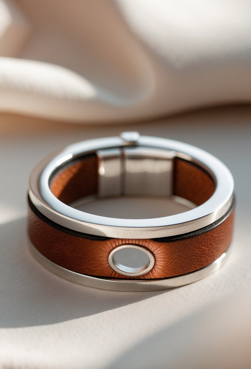 Close-up of a leather bracelet with a metal ring inlay embedded in the band on a neutral background.