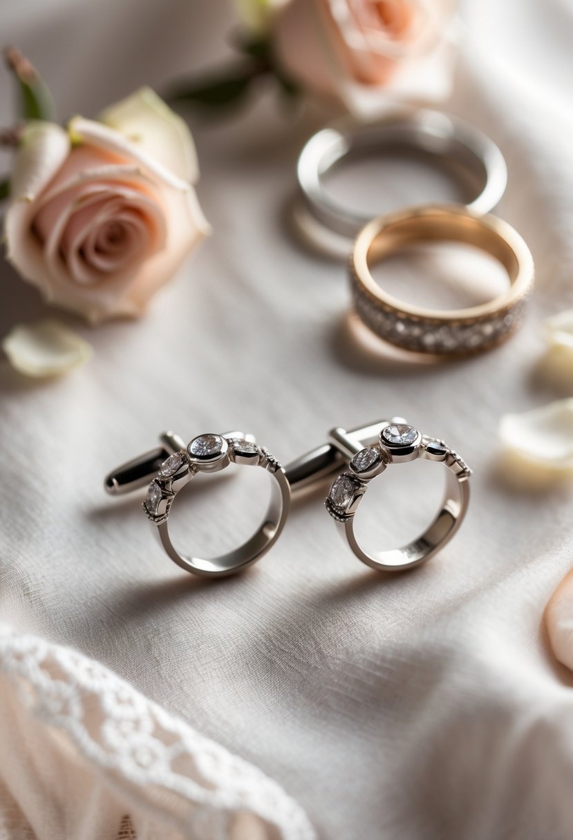 Close-up of metal cufflinks made from old wedding rings placed on soft fabric with rose petals nearby.