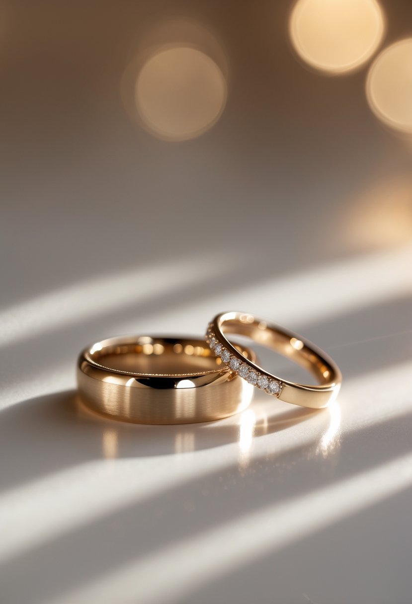 Close-up of two wedding rings side by side, one classic and one modern anniversary band, on a reflective surface.