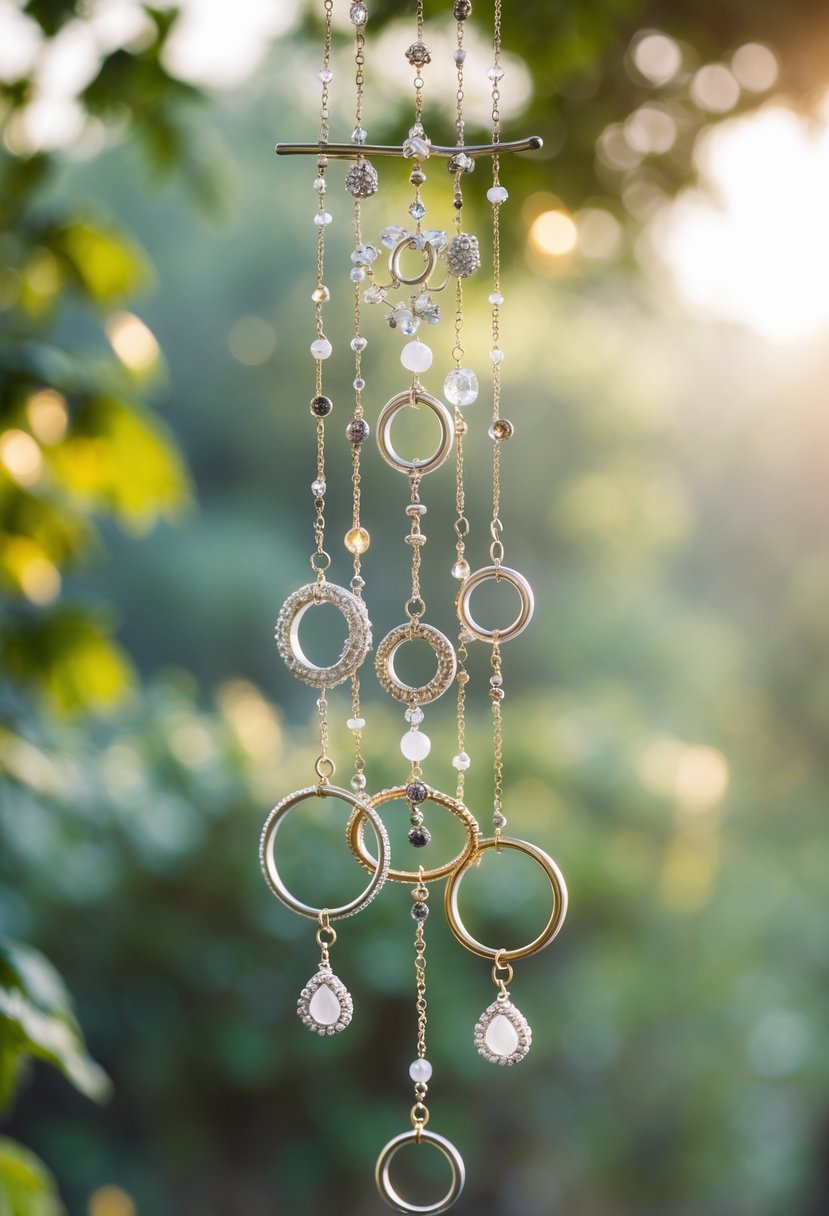 Decorative wind chime made from linked old wedding rings hanging outdoors with blurred green foliage in the background.