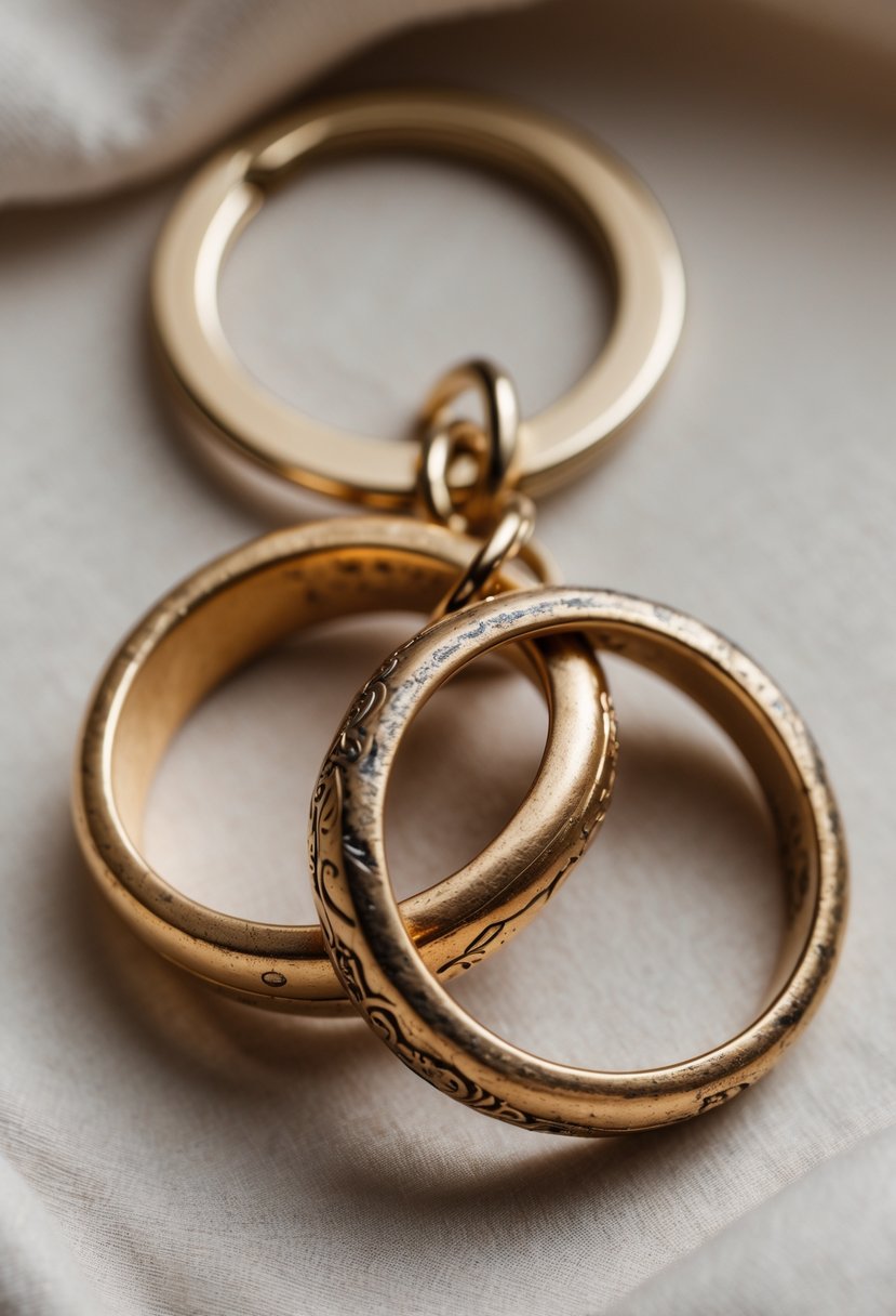 Two old wedding rings interlocked and attached as a keychain on a neutral background.
