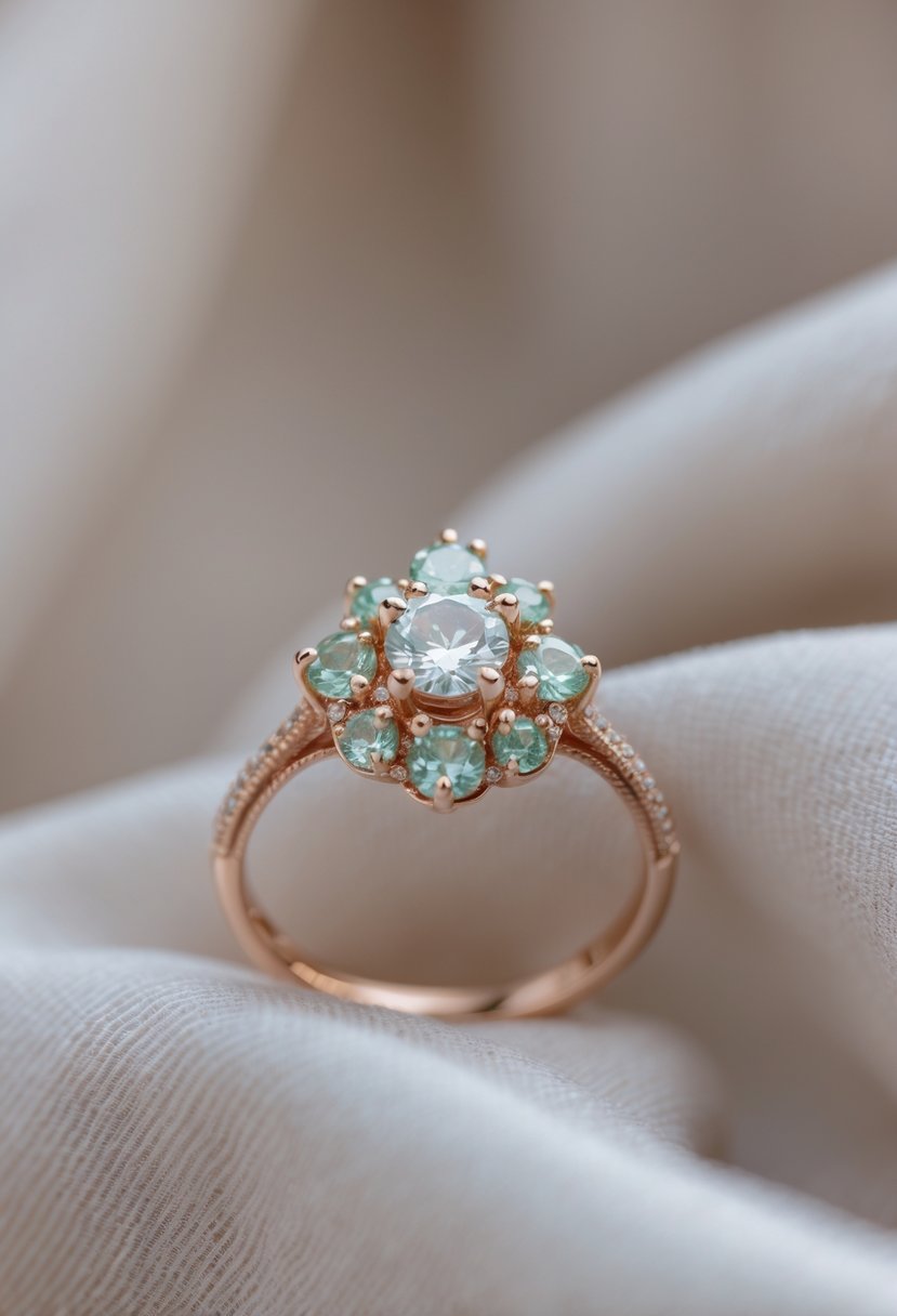 Close-up of a promise ring with original wedding ring stones set in a new band on a soft fabric background.