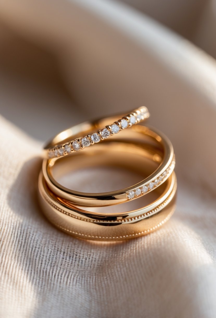 Close-up of two gold rings stacked together on a soft fabric background.