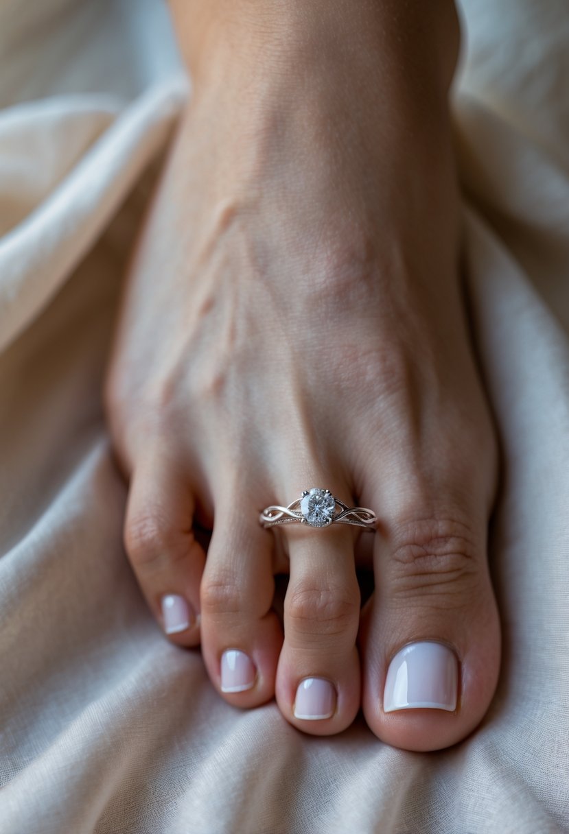 Close-up of a foot wearing an elegant toe ring made from an old wedding ring.
