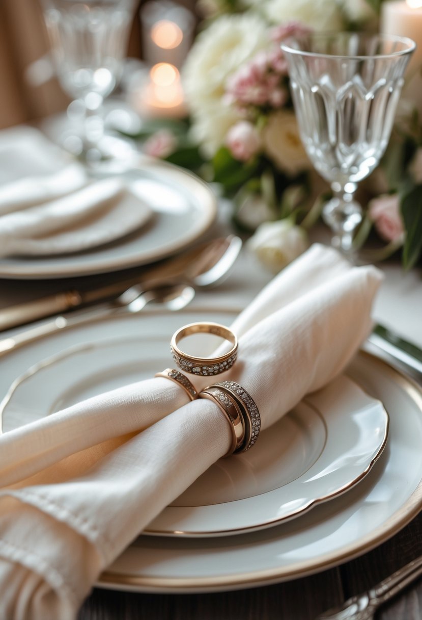 Close-up of a dining table with napkins held by old wedding rings used as napkin rings, surrounded by elegant tableware and soft floral decorations.
