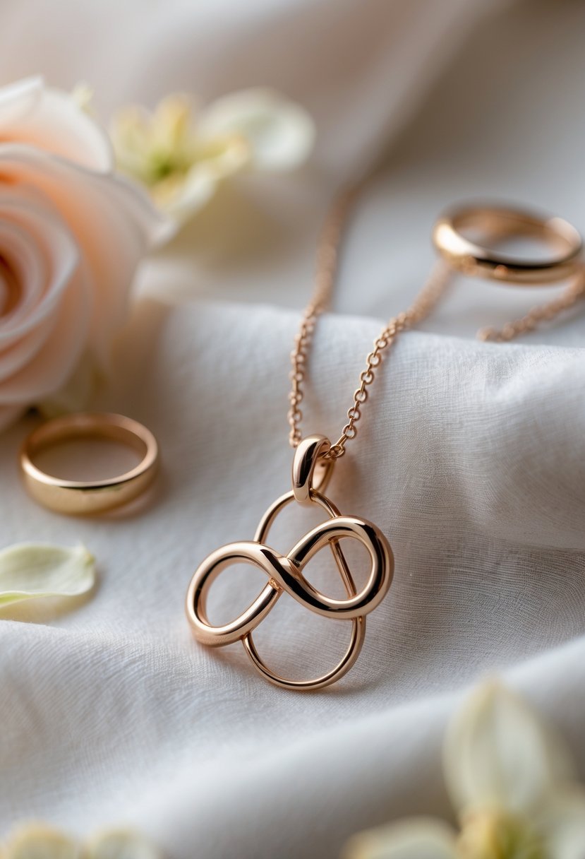 Close-up of an infinity symbol pendant made from a wedding ring metal resting on soft fabric with blurred wedding rings and flower petals around it.