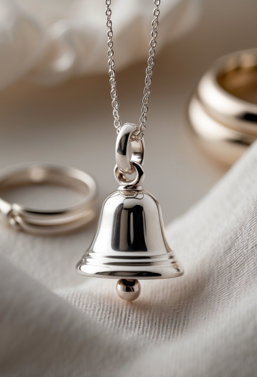 Close-up of a small bell charm made from a silver wedding ring hanging on a fine chain.