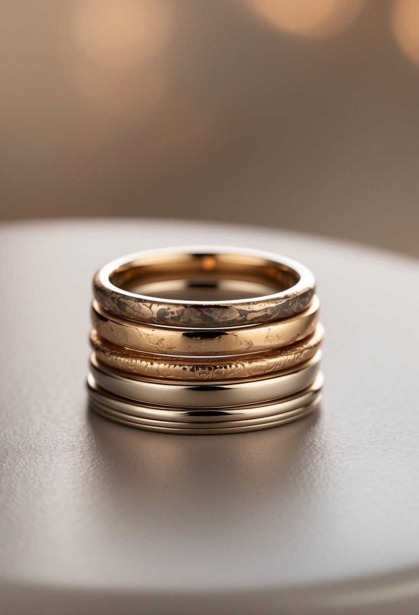 A close-up view of a stack of rings combining old metal and modern designs placed on a smooth surface.