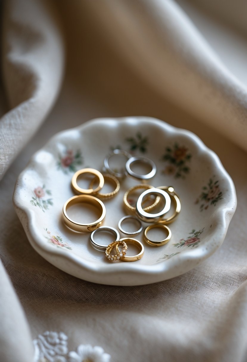 A small decorative dish holding broken pieces of old wedding rings on a soft fabric surface.