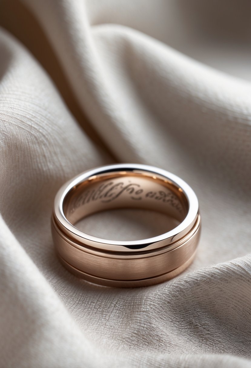Close-up of a new wedding ring with an engraved message on the inside, resting on a soft fabric background.