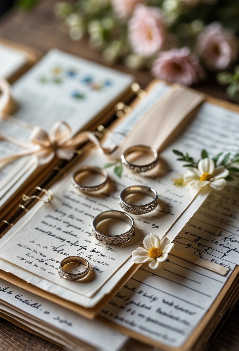 A scrapbook page decorated with old wedding rings attached as keepsakes, surrounded by handwritten notes and floral embellishments on a wooden table.