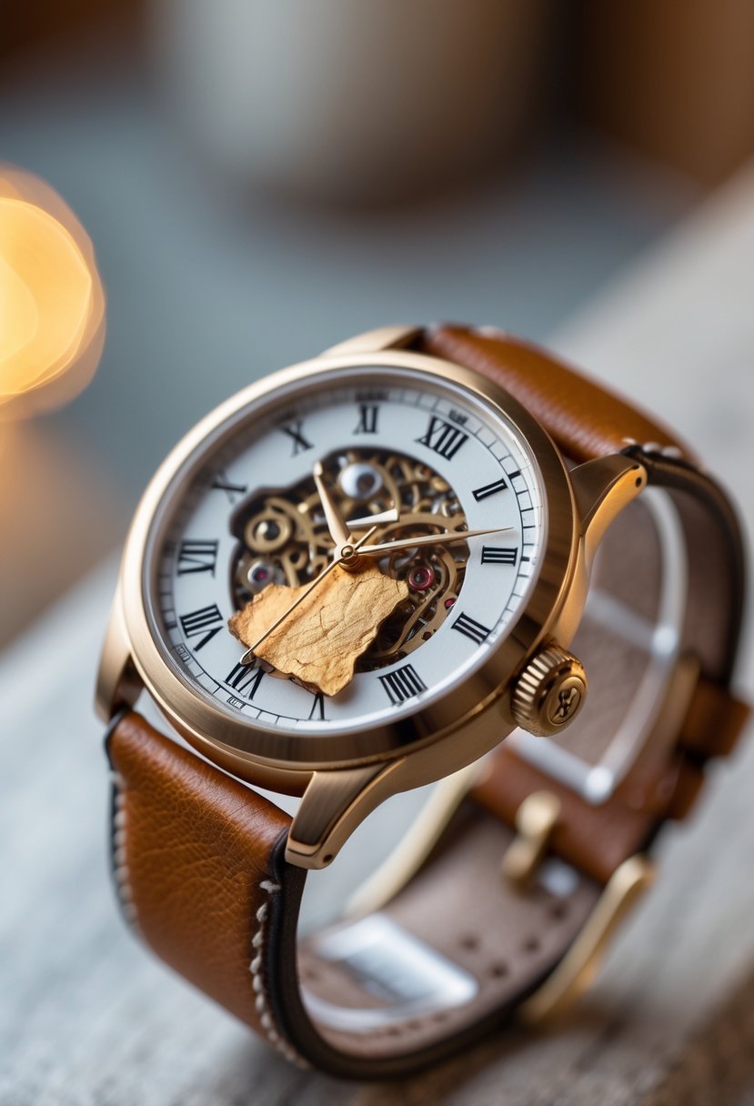 Close-up of a custom leather watch band with a fragment of an old wedding ring embedded in it.