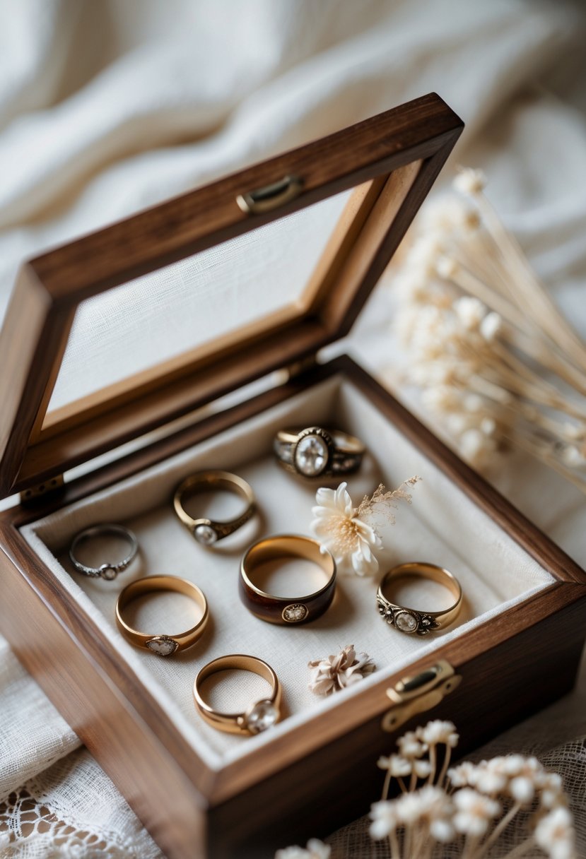 A shadow box display containing old wedding rings arranged with dried flowers and lace inside a wooden frame.