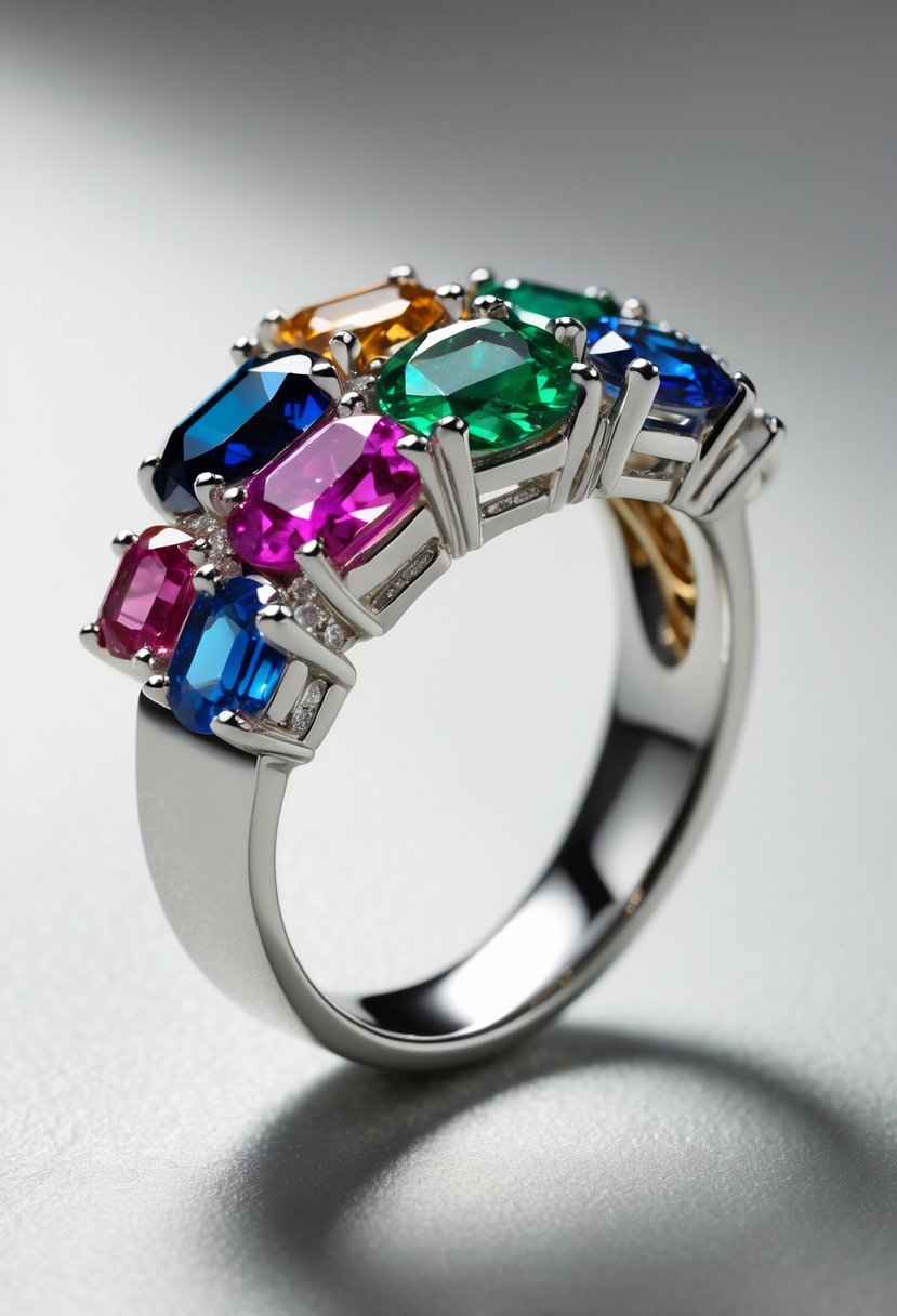 A modern cocktail ring made from an original wedding band featuring colorful gemstones on a neutral background.