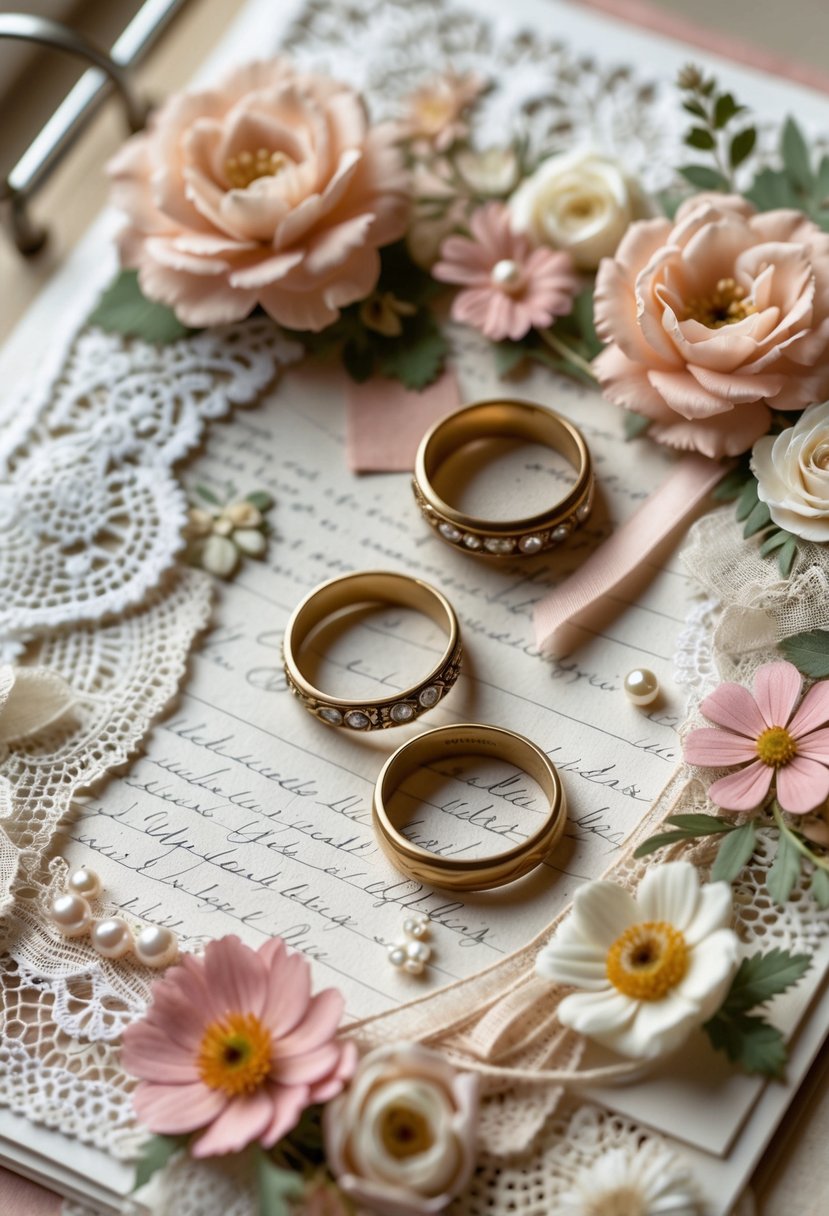 A wedding scrapbook page decorated with old wedding rings, lace, pressed flowers, and handwritten notes.
