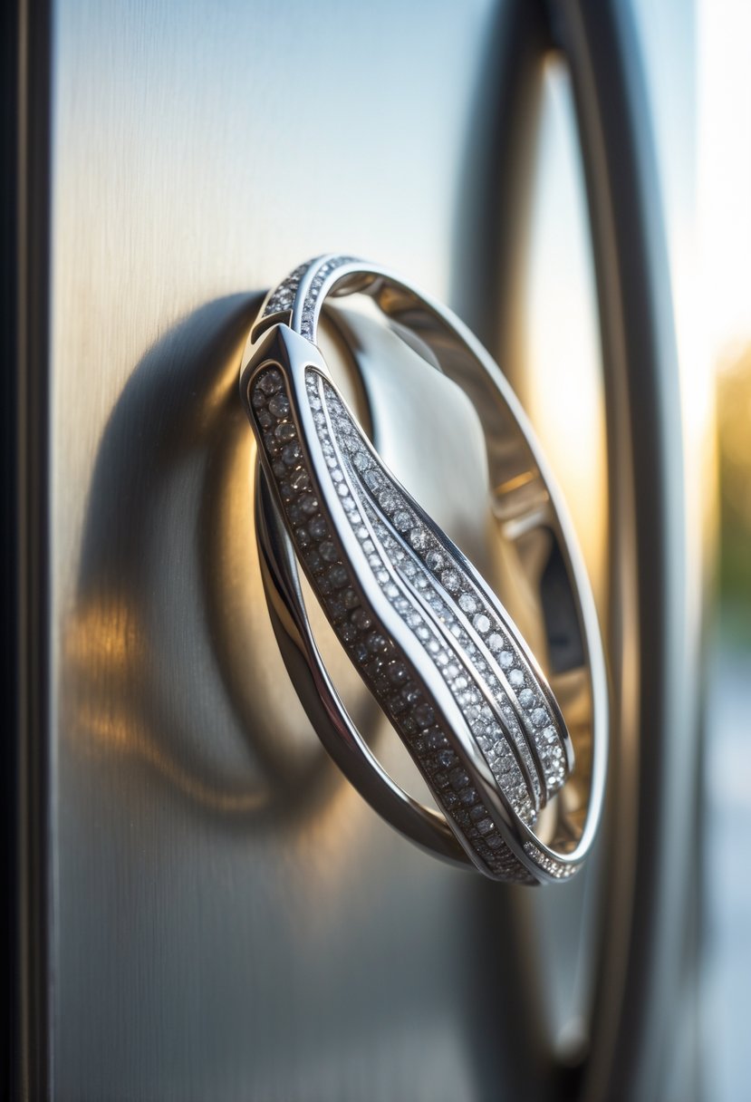 A close-up of a unique fridge magnet made from old wedding ring material attached to a refrigerator door.