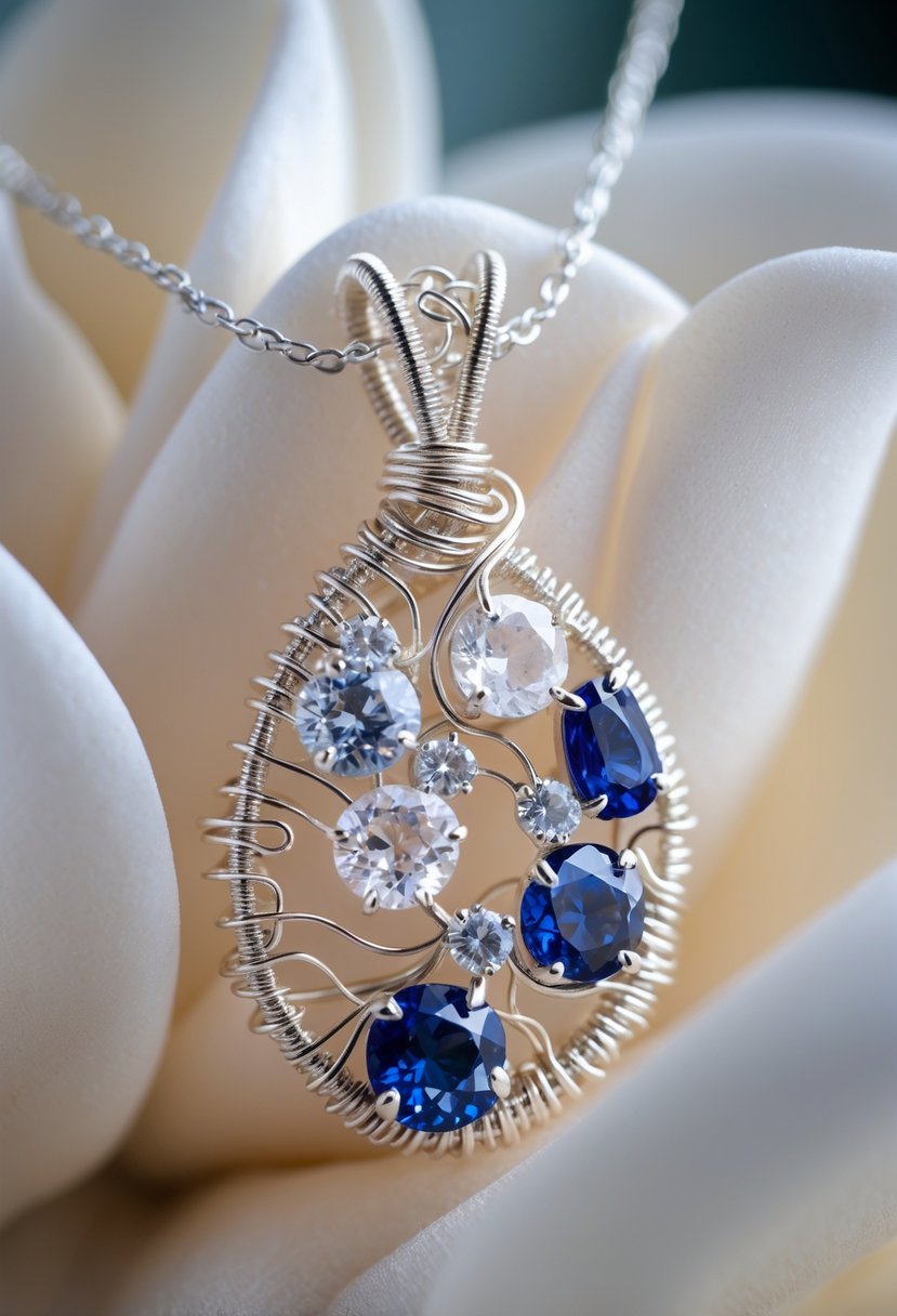 Close-up of a wire-wrapped pendant with sparkling gems made from old wedding rings on a neutral background.