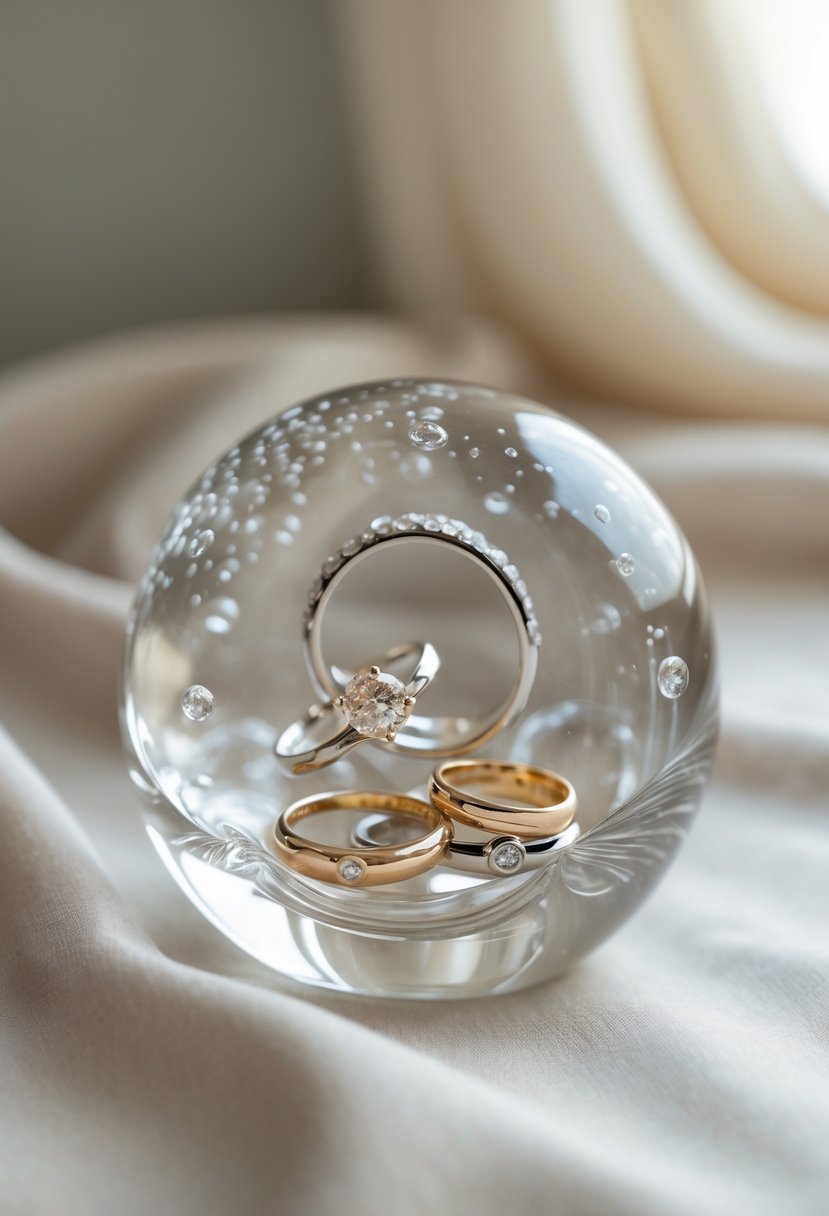 A clear glass paperweight containing several wedding rings inside, placed on a neutral surface with soft lighting.