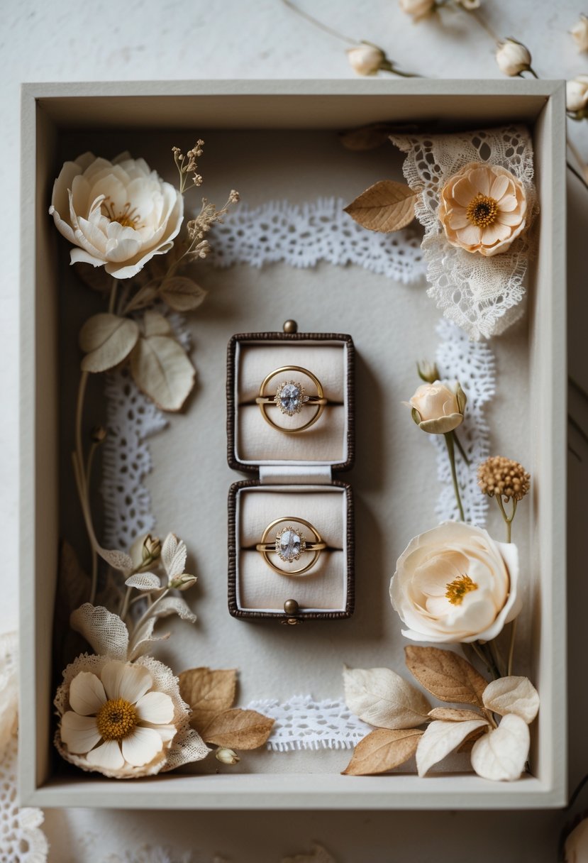 A shadowbox art piece displaying old wedding rings surrounded by dried flowers and lace.