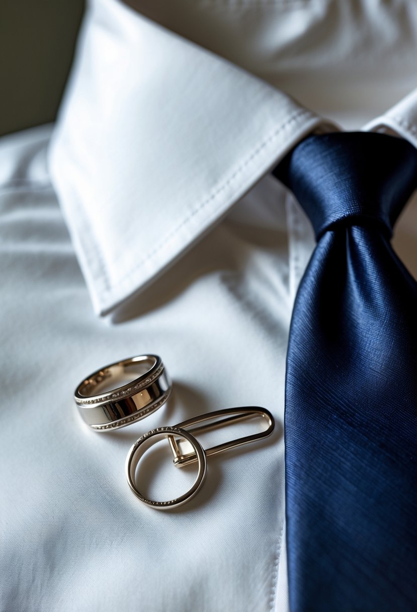 A close-up of a collar pin and tie clip made from old wedding rings worn on a white shirt collar and navy blue tie.