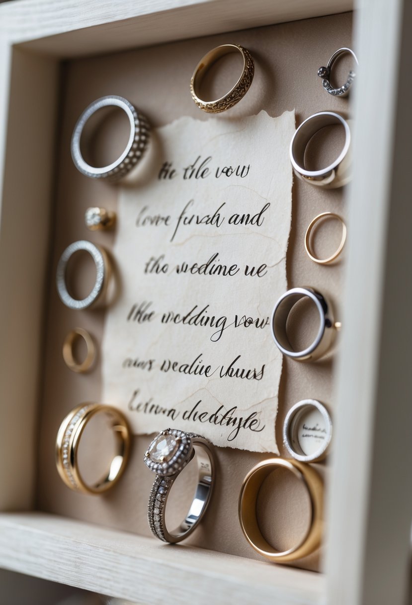 Close-up of a wedding vow art piece featuring old wedding rings arranged around handwritten vows inside a shadow box.