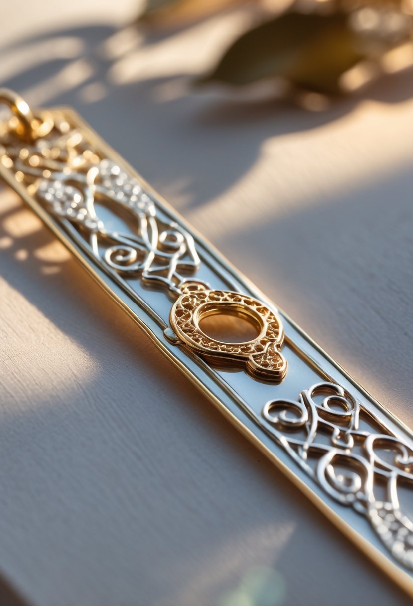 A close-up of a gold and silver bookmark with designs inspired by old wedding rings on a blurred neutral background.