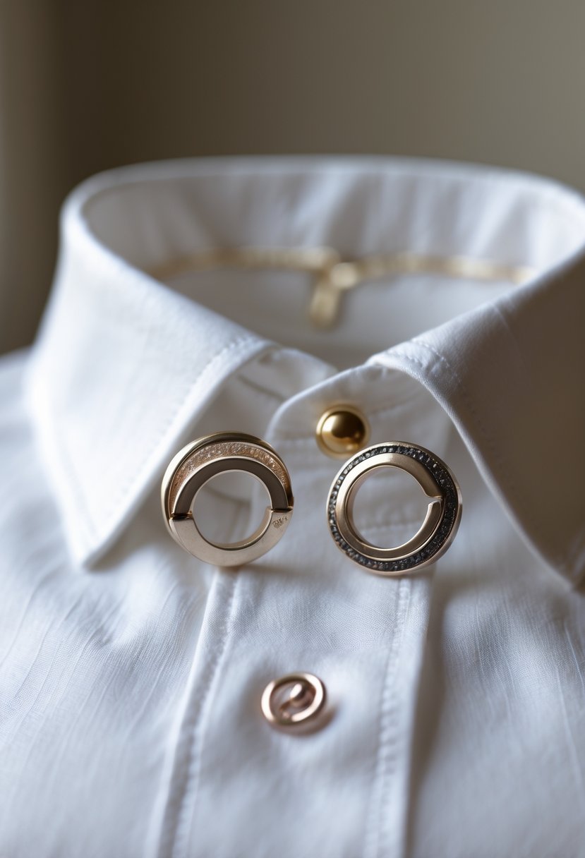 Close-up of a white dress shirt collar adorned with a pair of collar pins made from old wedding rings.