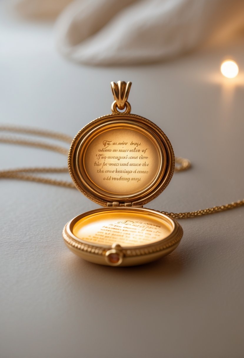 Close-up of an open gold pendant with intricate engravings inside, resting on a smooth surface.