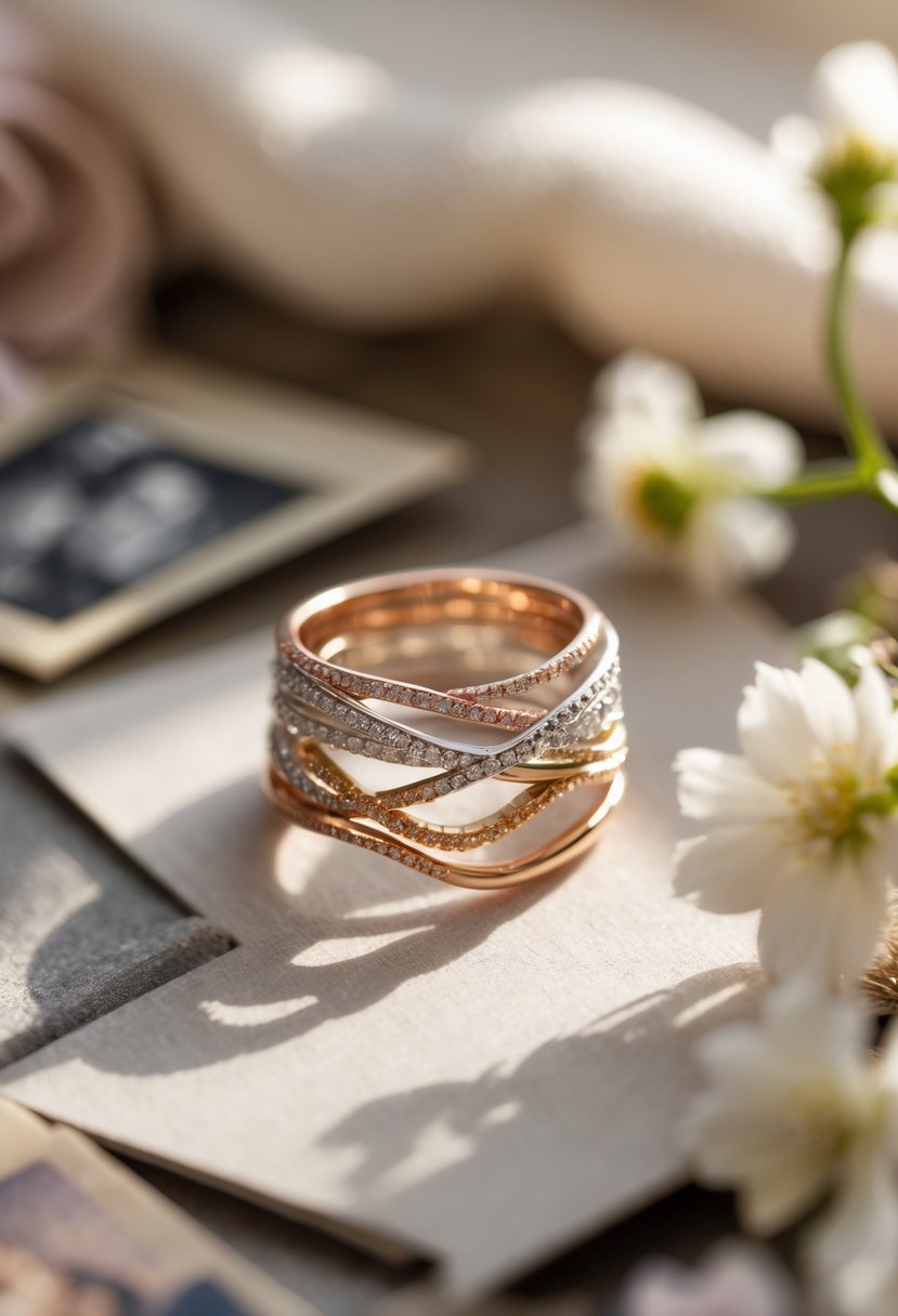 A close-up of a child's ring made by combining old wedding rings, placed on a soft surface with family photos and flowers in the background.