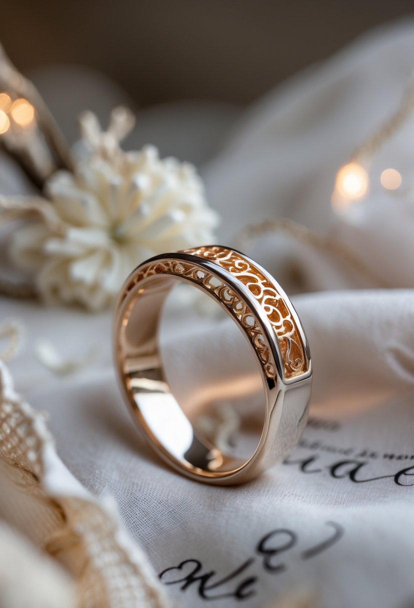 A close-up of a modern wedding ring with intricate details resting on soft fabric, with blurred vintage wedding elements in the background.