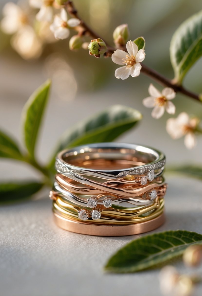 Close-up of a mixed metal ring intertwined with green leaves and small flowers, symbolizing growth and change.