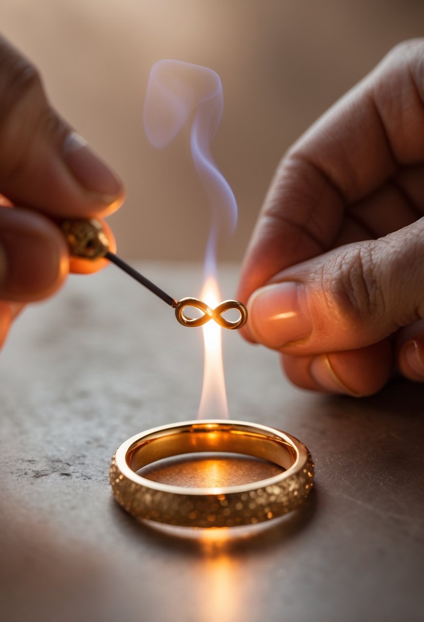 Close-up of hands melting two old wedding bands to create a new infinity symbol ring.