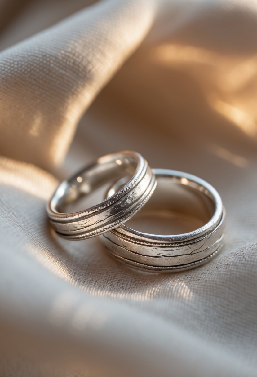 Two silver promise rings made from recycled metal resting intertwined on a soft fabric background.