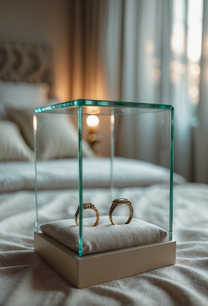 Two old wedding rings displayed inside a glass case on a fabric base, placed in a softly lit bedroom setting.