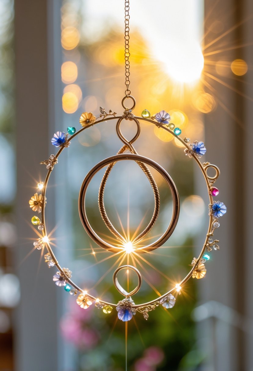 A sun catcher made from old wedding rings hanging in a window with sunlight shining through, creating colorful reflections.