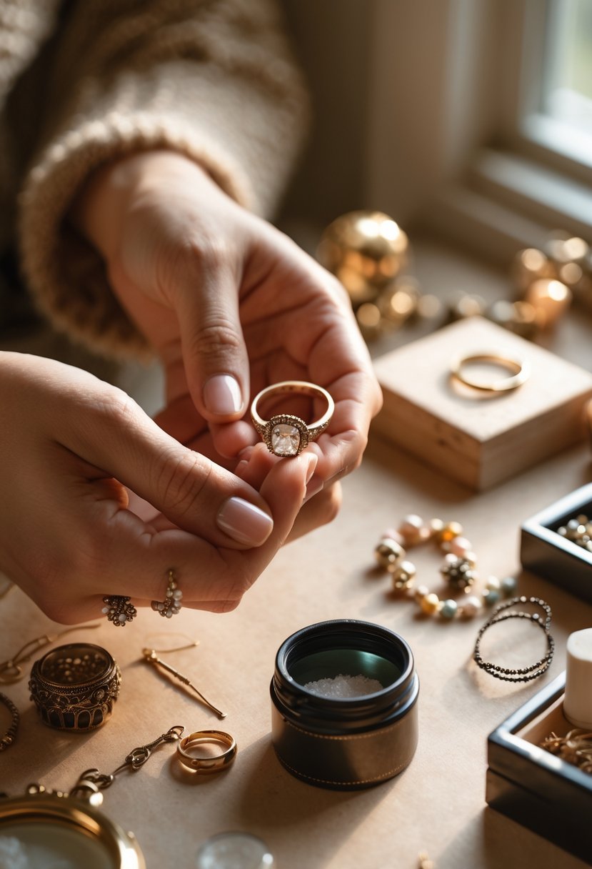 Hands holding an old wedding ring over a workspace with jewelry tools and materials for ring repair and repurposing.