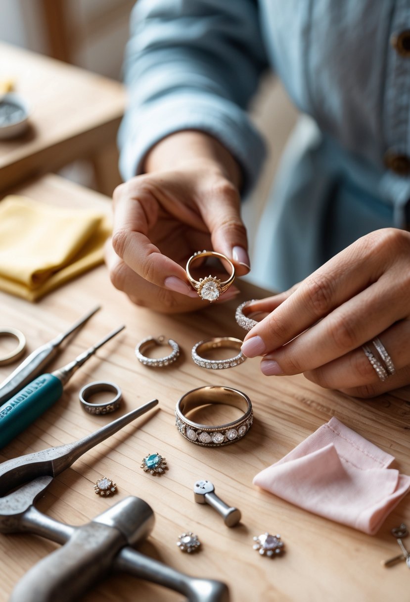Hands working on old wedding rings with jewelry tools on a wooden table.