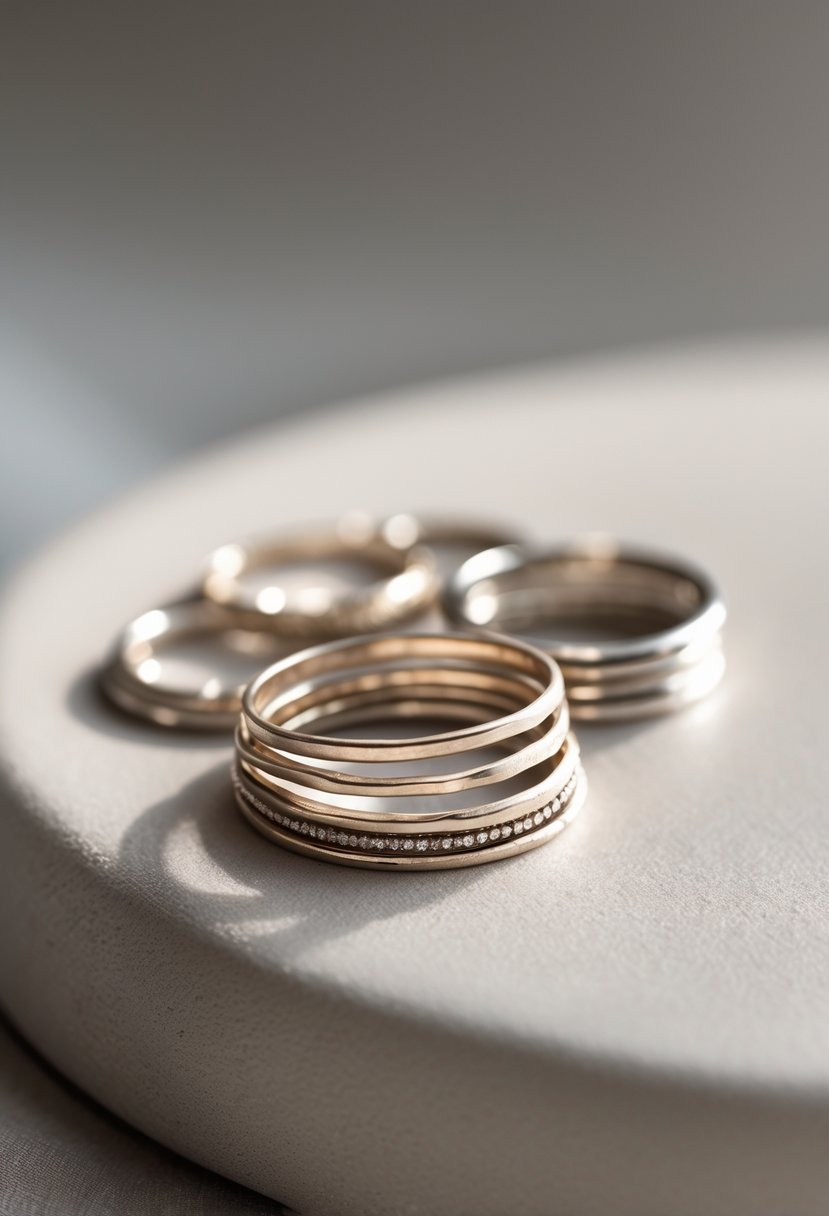 Close-up of several simple stacking rings arranged on a smooth surface.